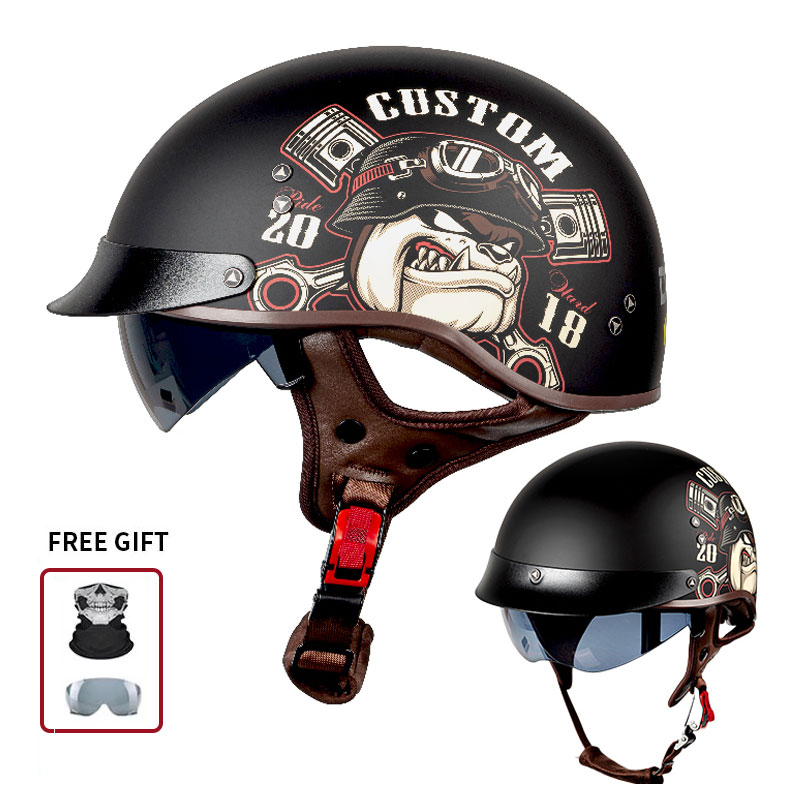 Vintage Open Face Retro Helmet - หมวกกันน็อคมอเตอร์ไซค์แบบเปิดหน้าครึ่งใบสไตล์วินเทจ พร้อมลายพิมพ์ลูกสูบเครื่องยนต์บูลด็อกแบบกำหนดเอง หมวกกันน็อคขี่มอเตอร์ไซค์สไตล์เรโทรพร้อมแผ่นกันแดดด้านใน
