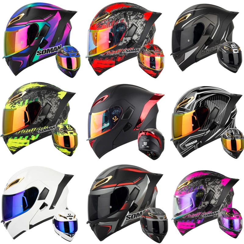 Dual Visor Motorcycle Racing Helmet - Soman หมวกกันน็อคมอเตอร์ไซค์แบบพับได้, อุปกรณ์เสริมหมวกกันน็อคมอเตอร์ไซค์แบบหมวกคลุมเต็มหน้าสำหรับผู้ชายและผู้หญิง