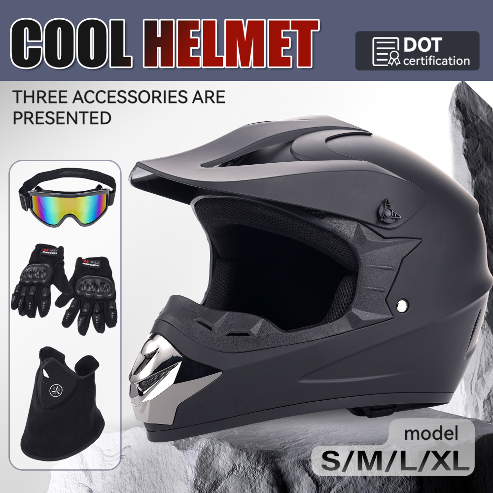 Off Road Motocross Helmet Goggles Set - ชุดหมวกกันน็อคสำหรับมอเตอร์ไซค์ออฟโรด 4 ชิ้น สำหรับผู้ใหญ่ ได้รับการรับรอง DOT