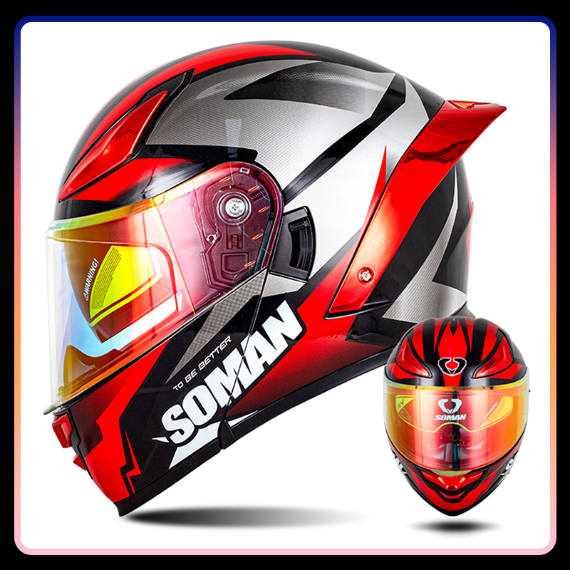 Modular Flip Up Motorcycle Helmet Dot Approved - หมวกกันน็อคสำหรับผู้ชายแบบเปิดคางได้ สองชั้นเลนส์ สไตล์วินเทจเรโทร แบบเต็มใบ ได้มาตรฐาน DOT