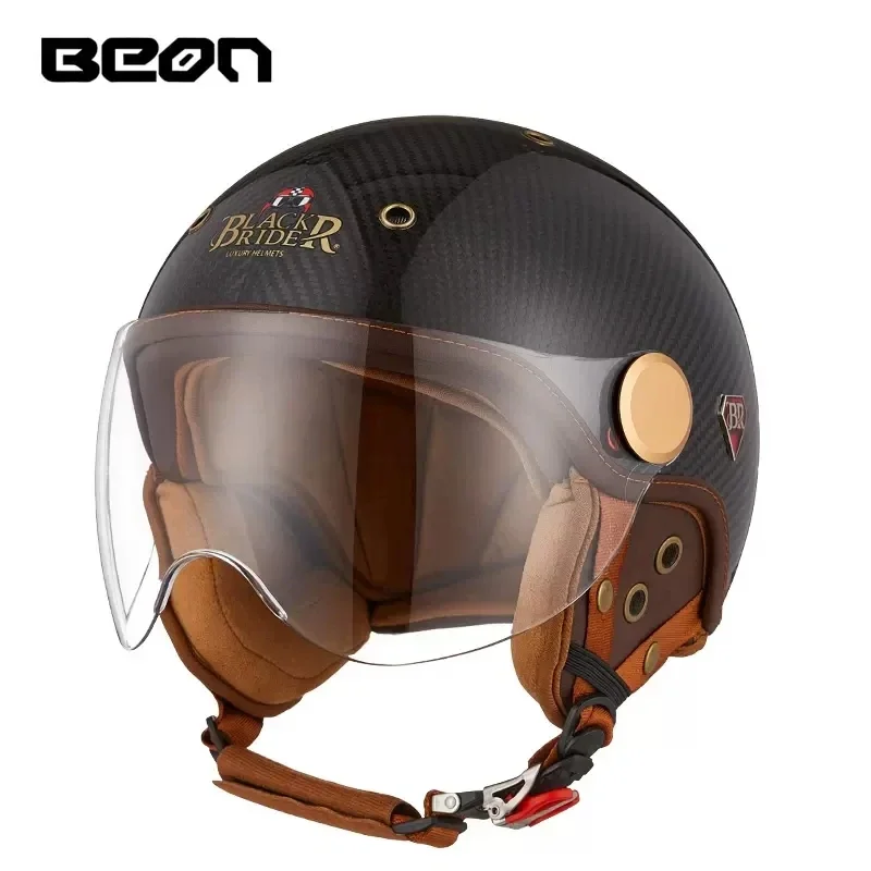 Vintage Open Face Retro Helmet - BEON BR13 Retro เปิดหน้าครึ่งหมวกกันน็อครถจักรยานยนต์ Vintage คาร์บอนไฟเบอร์หมวกกันน็อก
